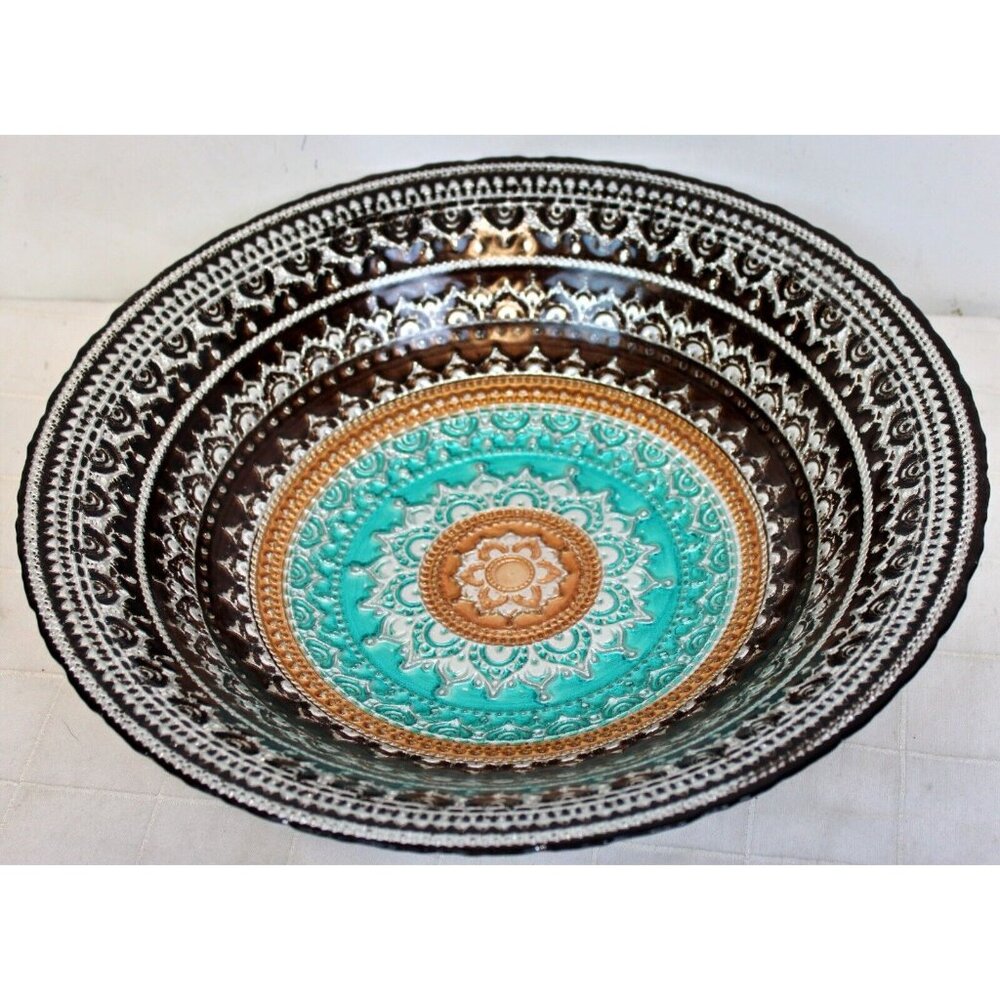 Artistic Accents Turkish Glass Serving Bowl Mandala Teal Terracotta Brown Silver
